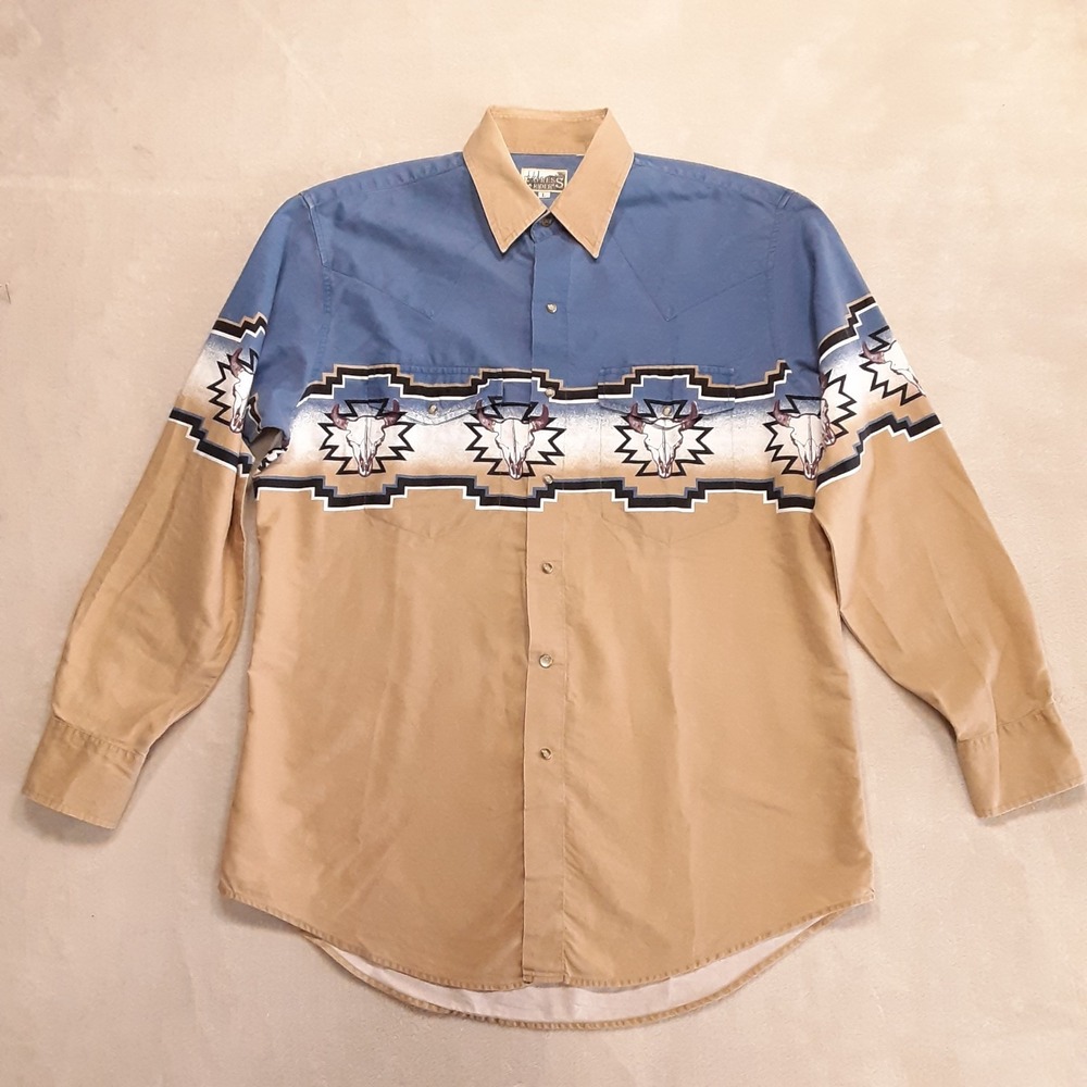 Express Riders Mens LS Pearl Snap Western Shirt L Blue Bull Skull Native Print